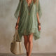 Green Chiffon V-neck Layered Flowy Mini Dress