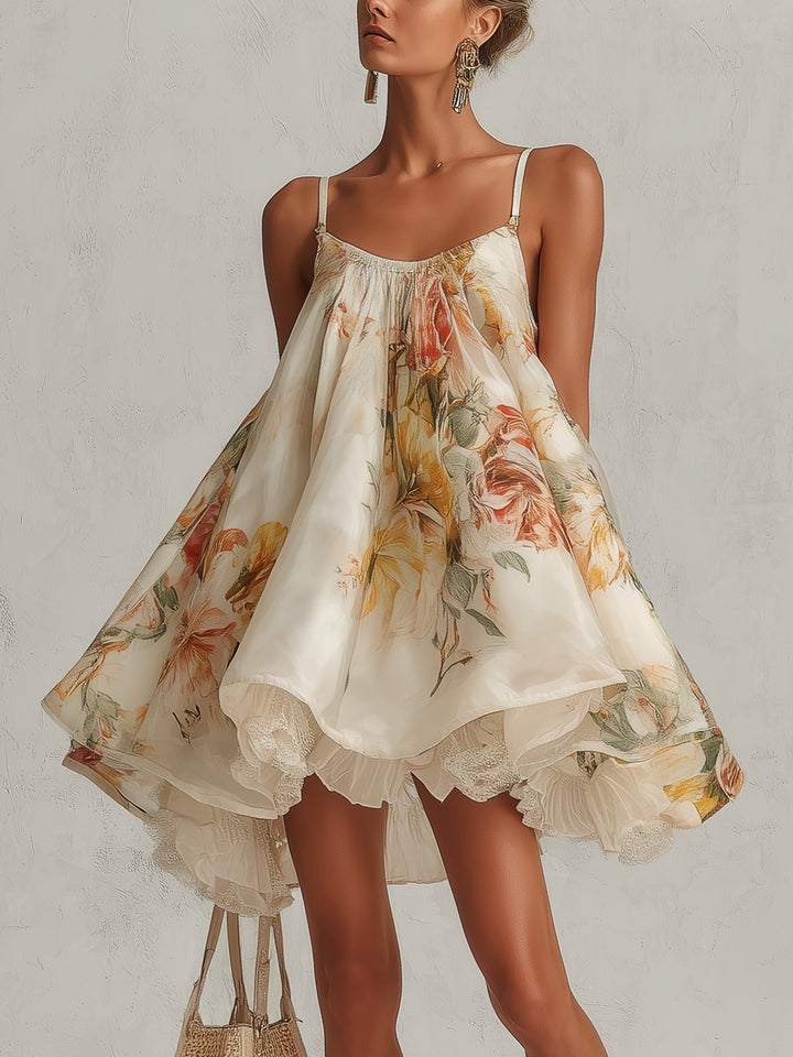 Blanche | Beige Floral A-Line Mini Dress