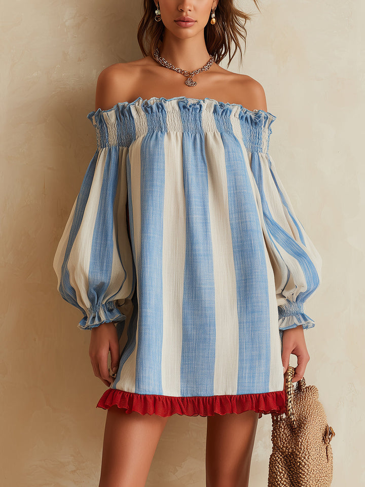 Ondine | Blue & White Striped Off-Shoulder Mini Dress