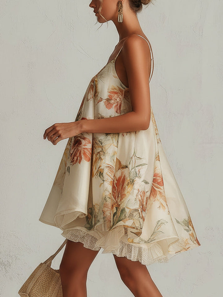 Blanche | Beige Floral A-Line Mini Dress