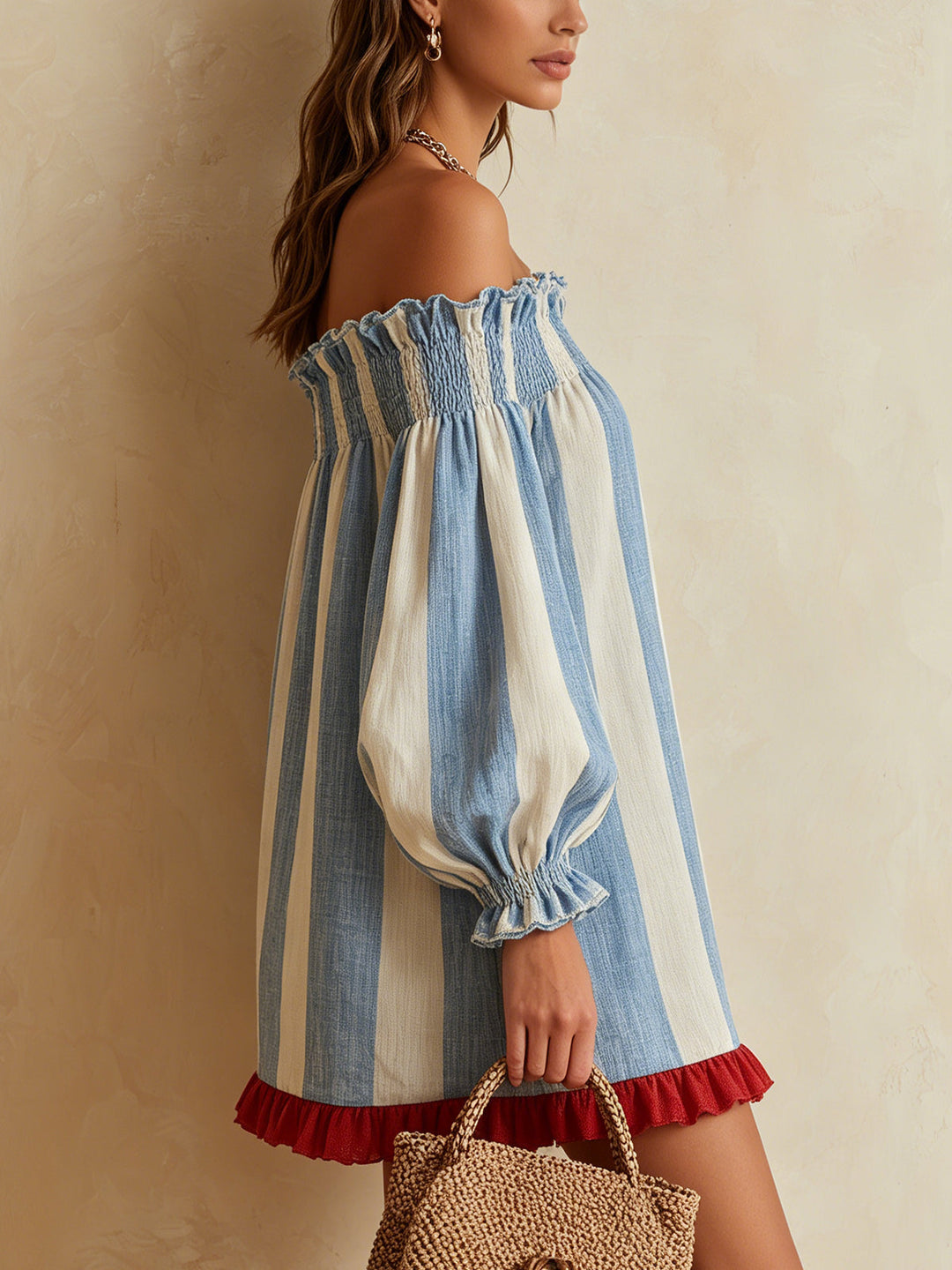 Ondine | Blue & White Striped Off-Shoulder Mini Dress