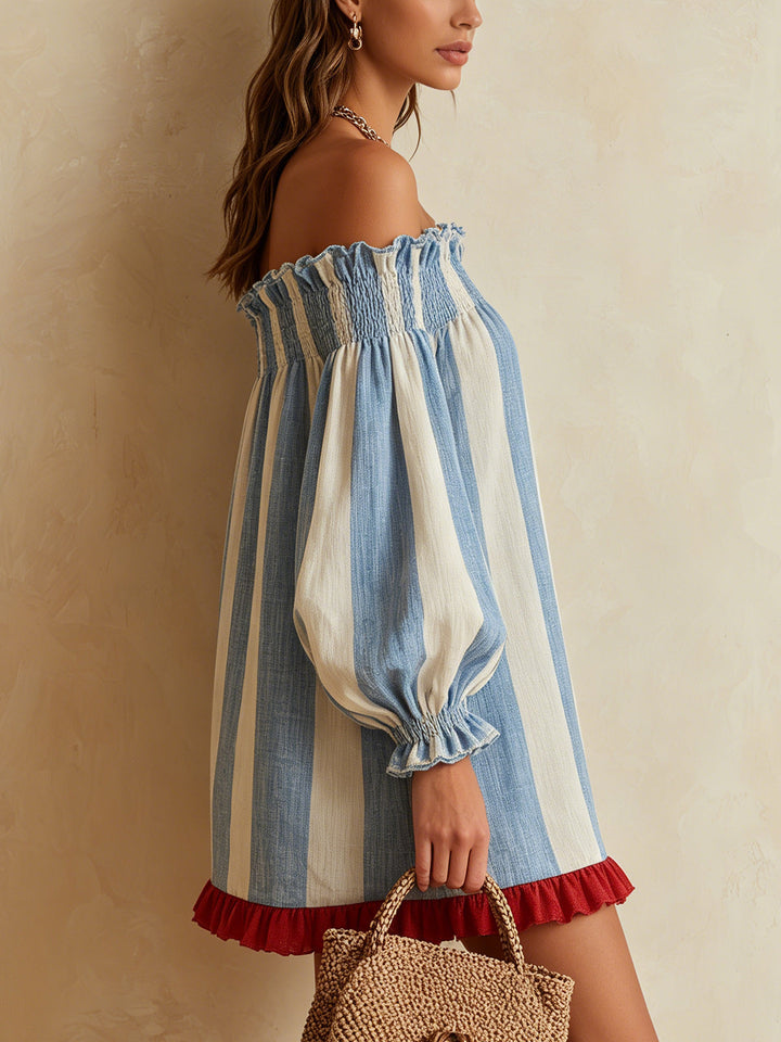Ondine | Blue & White Striped Off-Shoulder Mini Dress