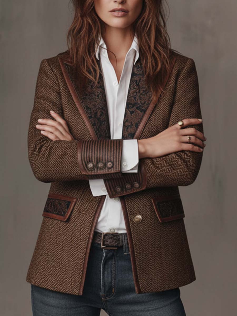 Herringbone Blazer With Printed Panels