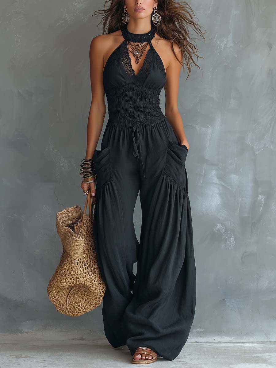 Ava | Retro Lace Halter-Neck Jumpsuit