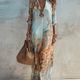 Baroque Style Floral Blue Chiffon Maxi Dress