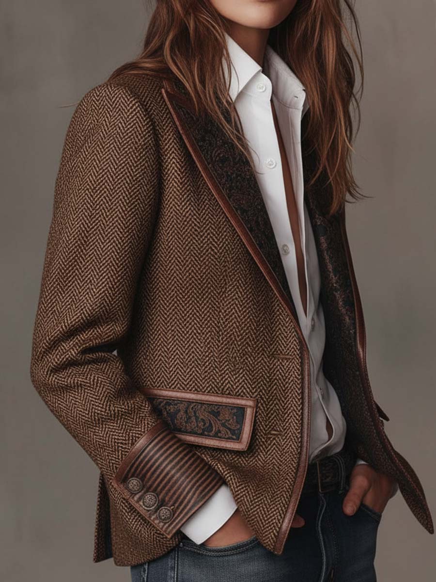Herringbone Blazer With Printed Panels