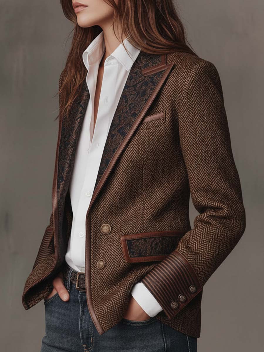 Herringbone Blazer With Printed Panels
