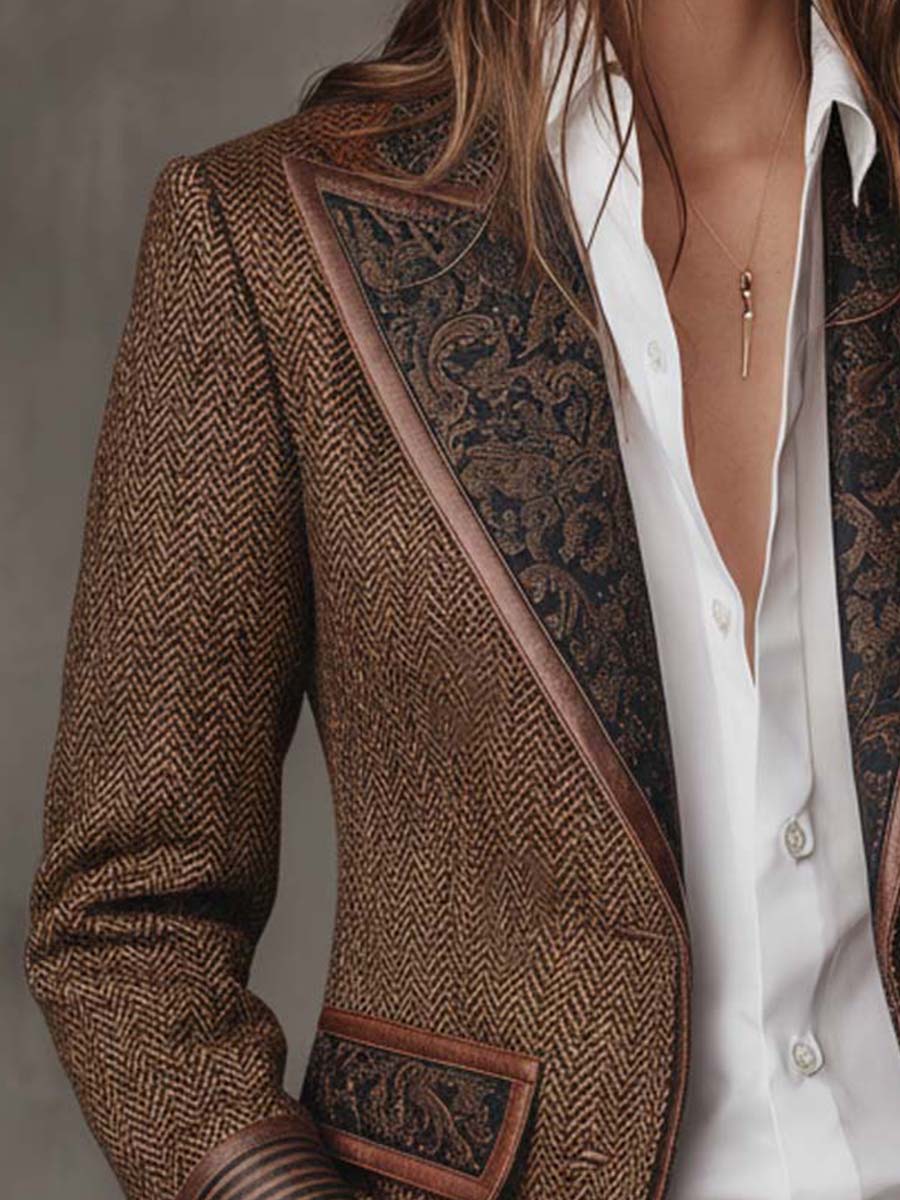 Herringbone Blazer With Printed Panels