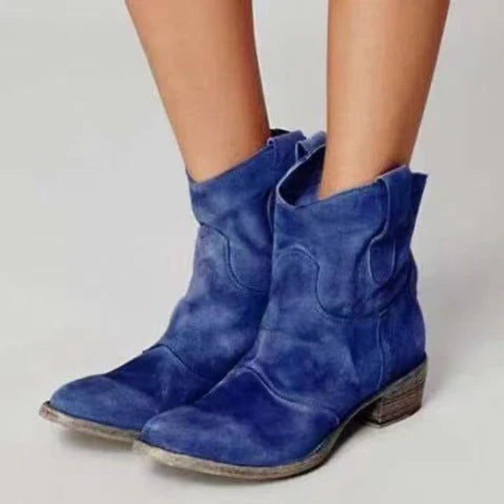 Bennett and Lowe Charlotte Comfort Suede Ankle Boots with rounded toe and low heel, in tan colour, on a white background.