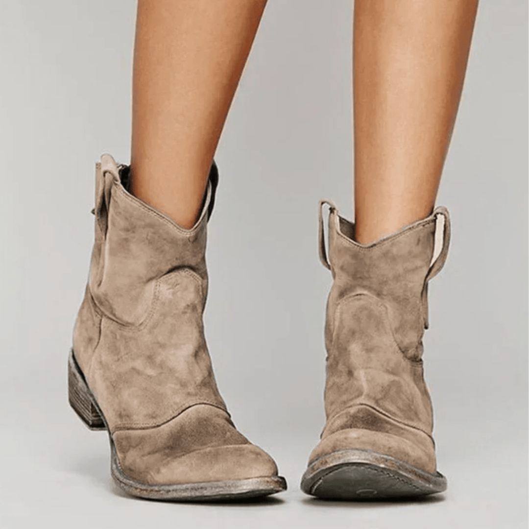 Bennett and Lowe Charlotte Comfort Suede Ankle Boots with low heel and rounded toe, in tan colour, on a plain background.