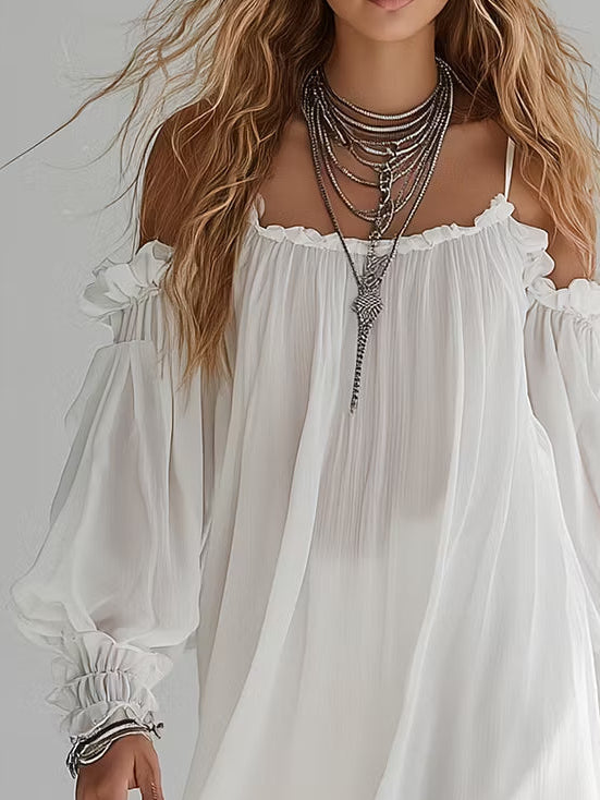 Mélusine | White Boho Off-Shoulder Mini Dress