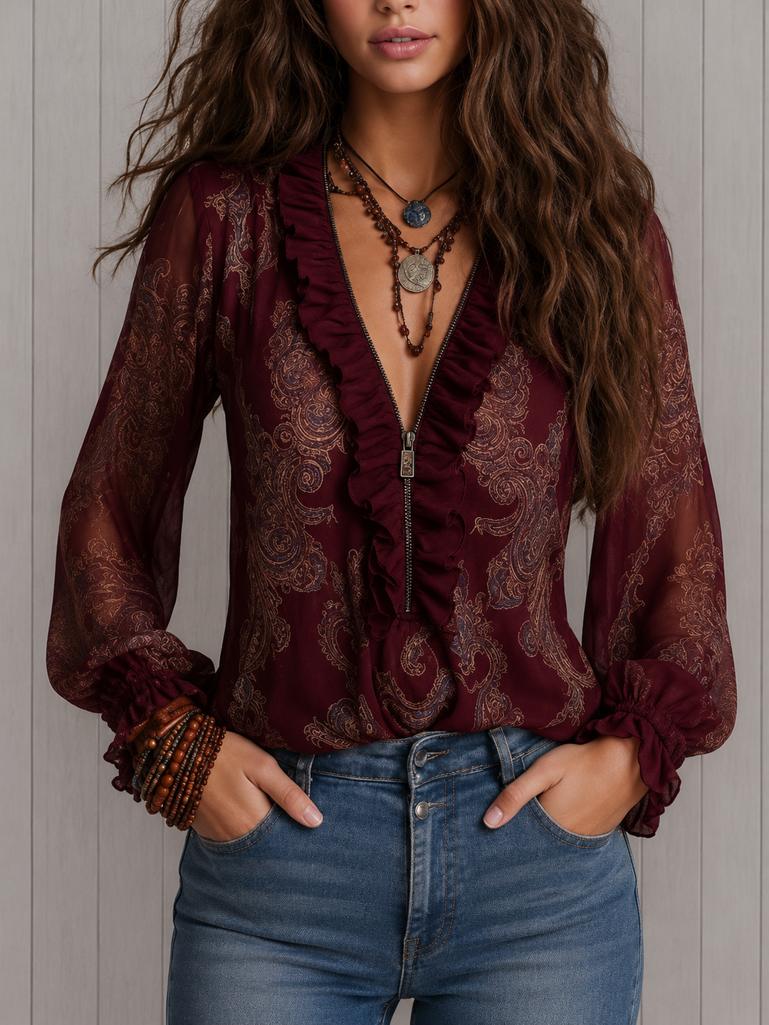 Elise | Baroque Paisley Ruffle Zip Chiffon Blouse