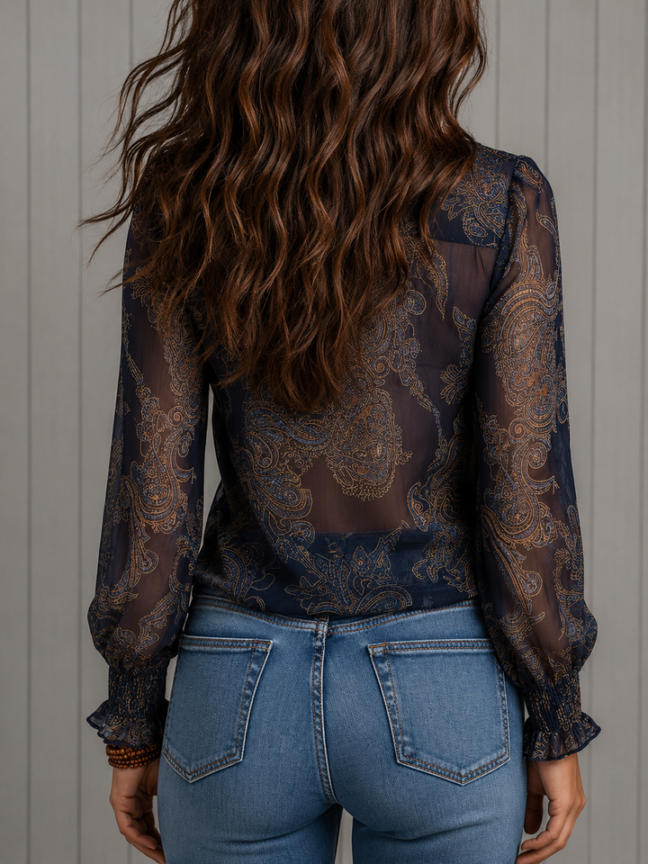 Elise | Baroque Paisley Ruffle Zip Chiffon Blouse