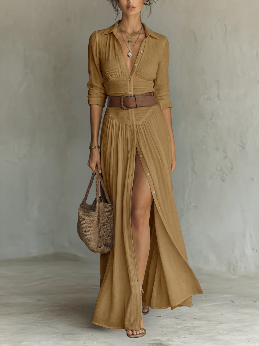 Essential - Long Maxi Dress with Notched Collar
