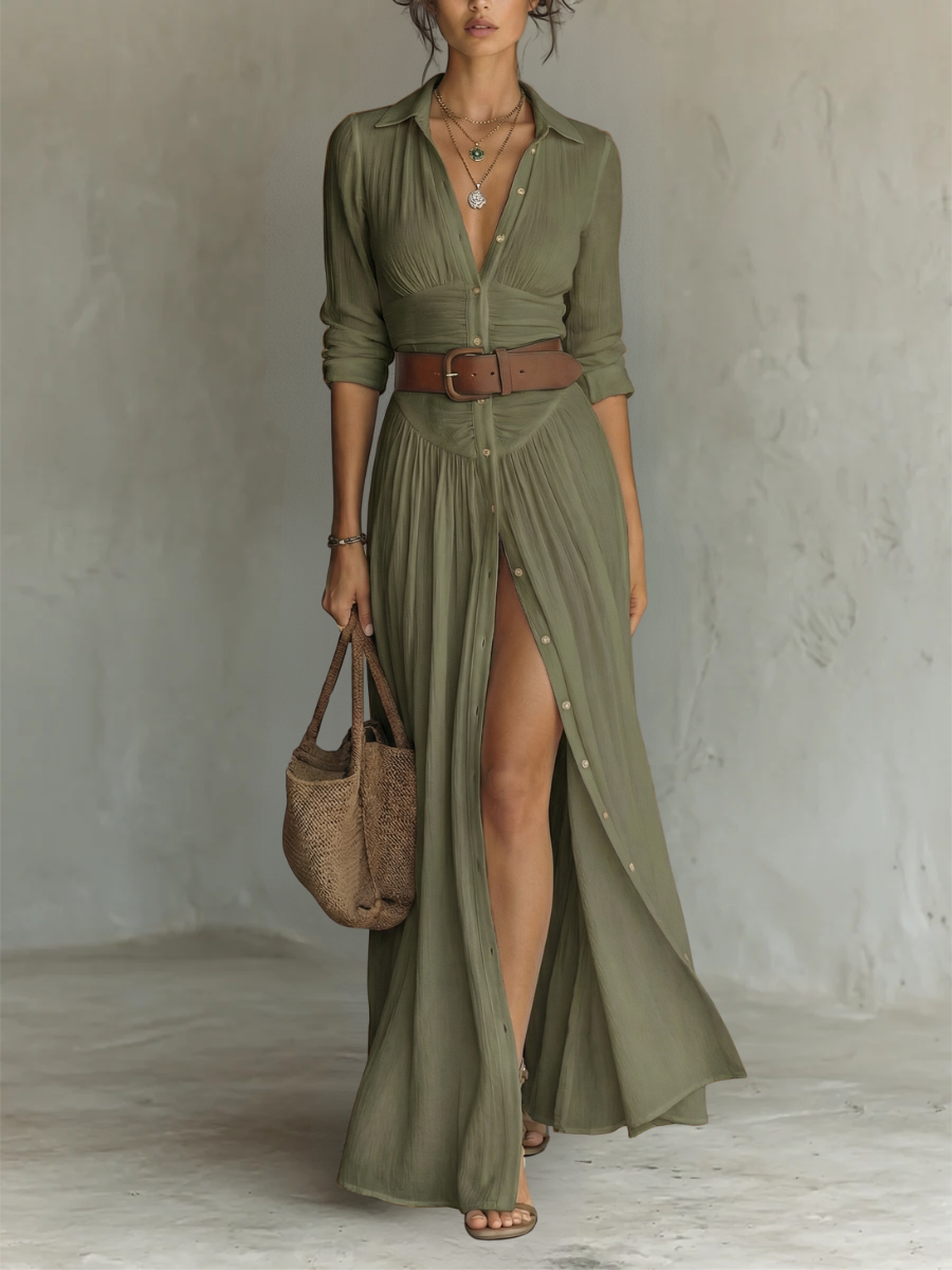 Essential - Long Maxi Dress with Notched Collar