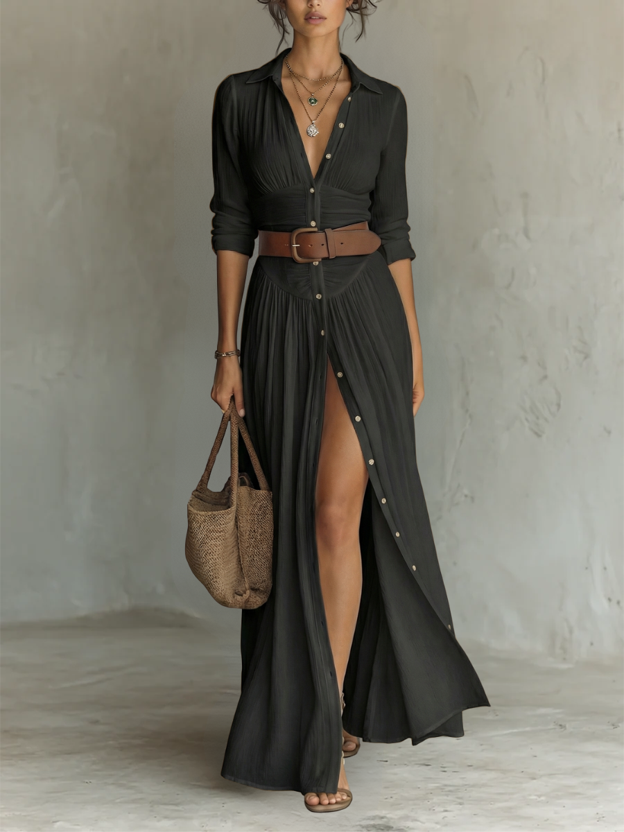 Essential - Long Maxi Dress with Notched Collar