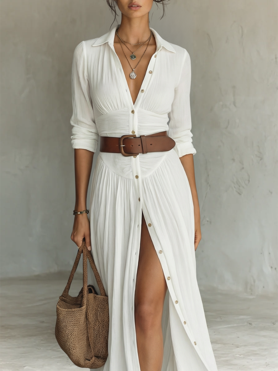 Essential - Long Maxi Dress with Notched Collar