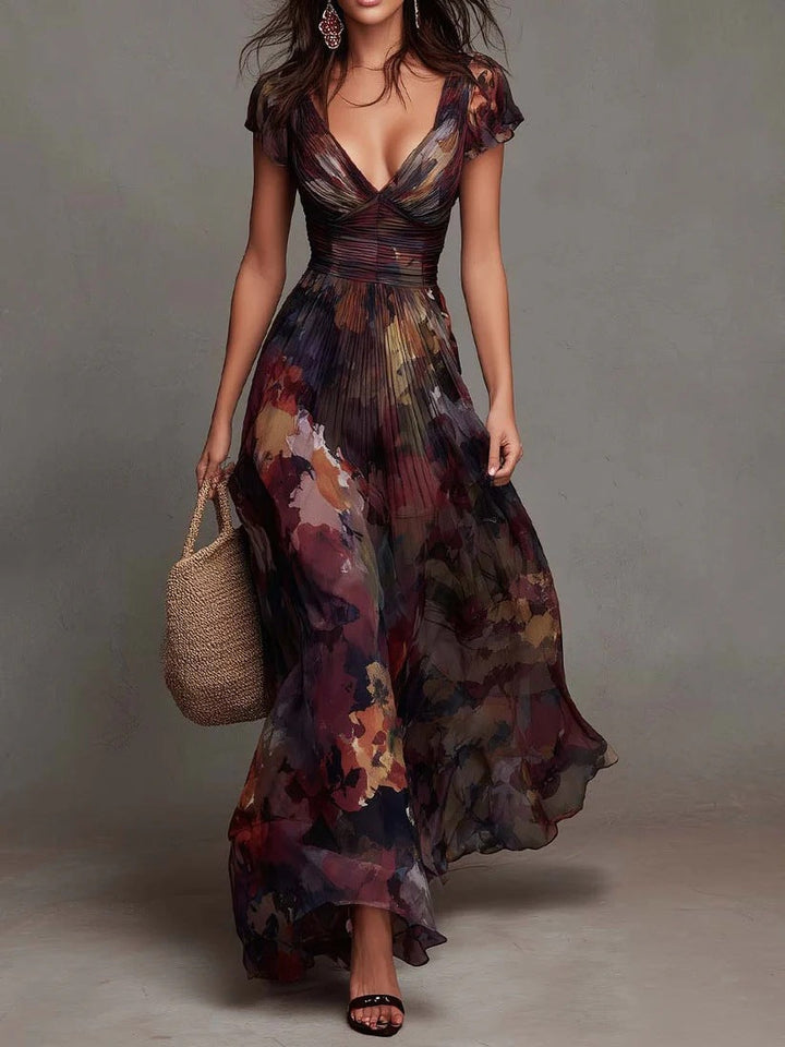 Camellia | Watercolor Floral Pleated Maxi Dress