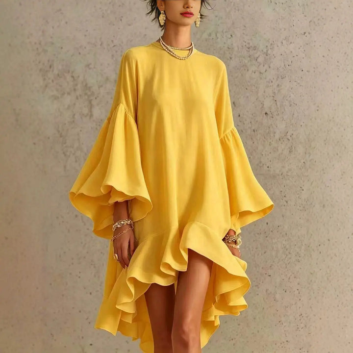 Adeline | Ruffled Asymmetric-Hem Midi Dress