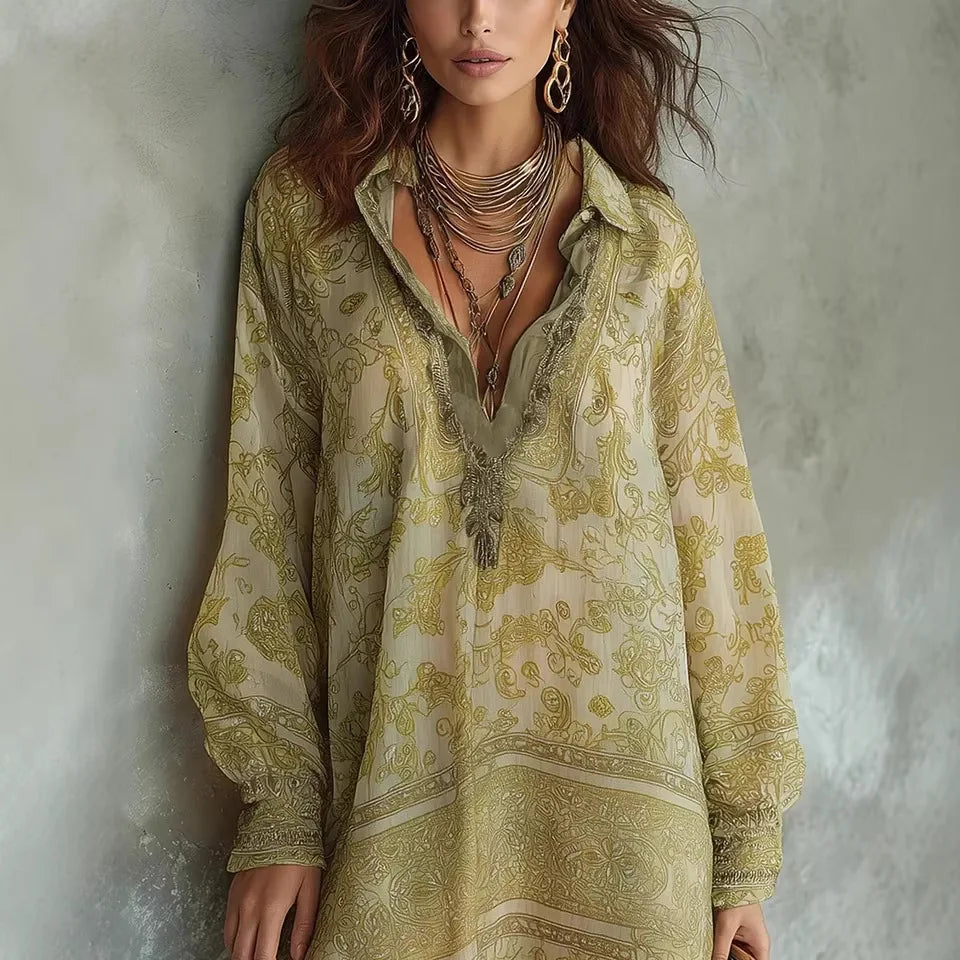 Vivienne | Printed Lapel Shirt Midi Dress