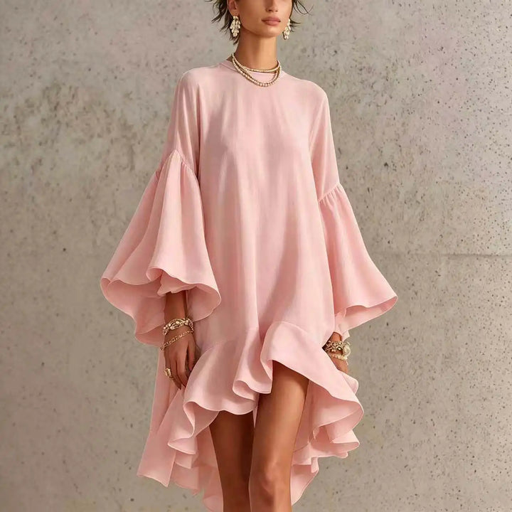 Adeline | Ruffled Asymmetric-Hem Midi Dress