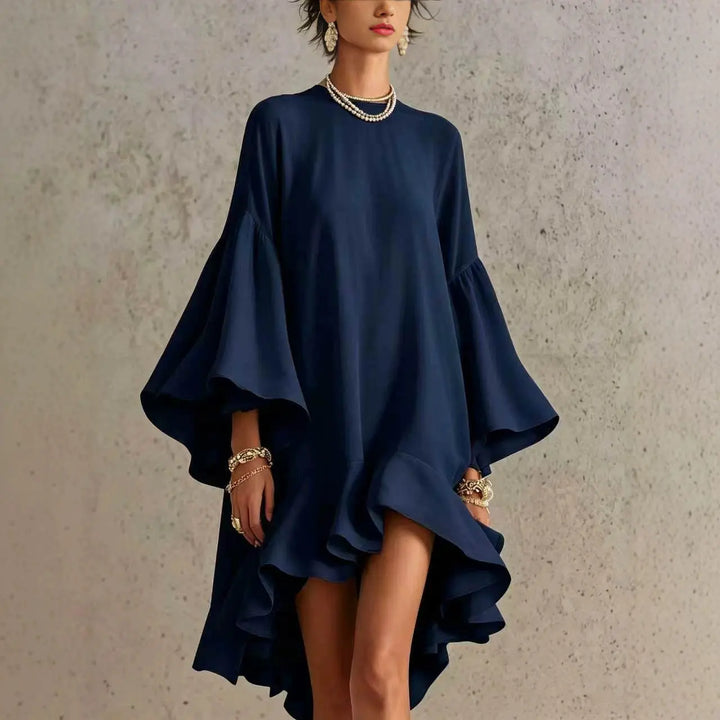 Adeline | Ruffled Asymmetric-Hem Midi Dress