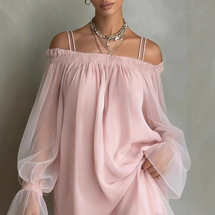 Celeste | Sheer-Sleeve Off-Shoulder Midi Dress