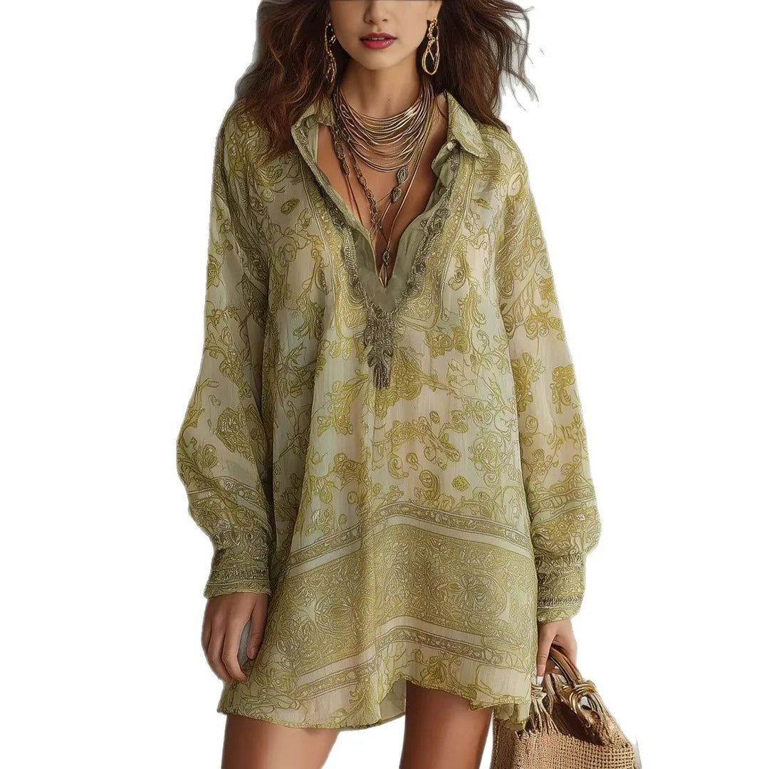 Vivienne | Printed Lapel Shirt Midi Dress