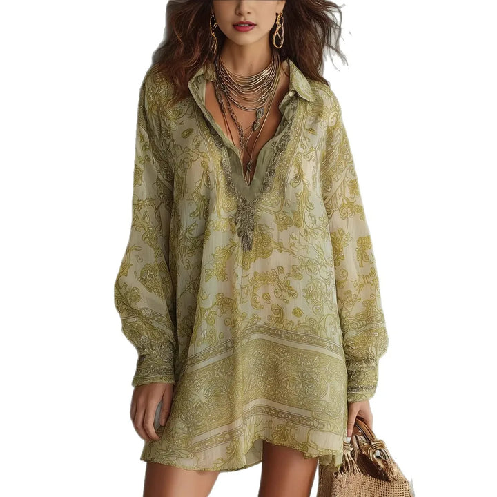 Vivienne | Printed Lapel Shirt Midi Dress