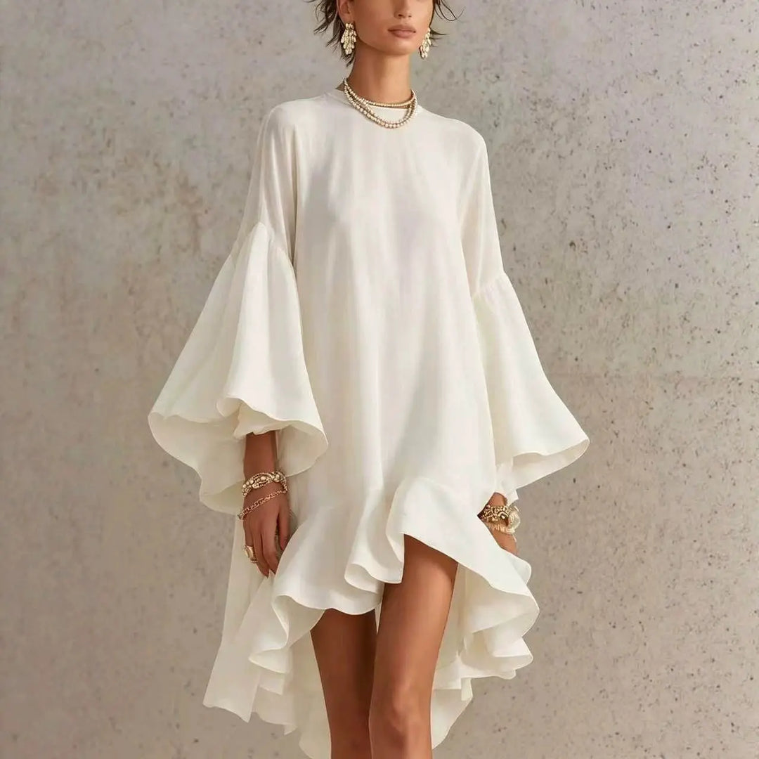 Adeline | Ruffled Asymmetric-Hem Midi Dress