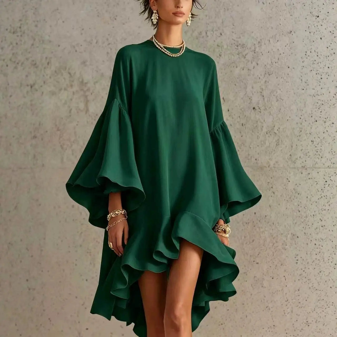 Adeline | Ruffled Asymmetric-Hem Midi Dress