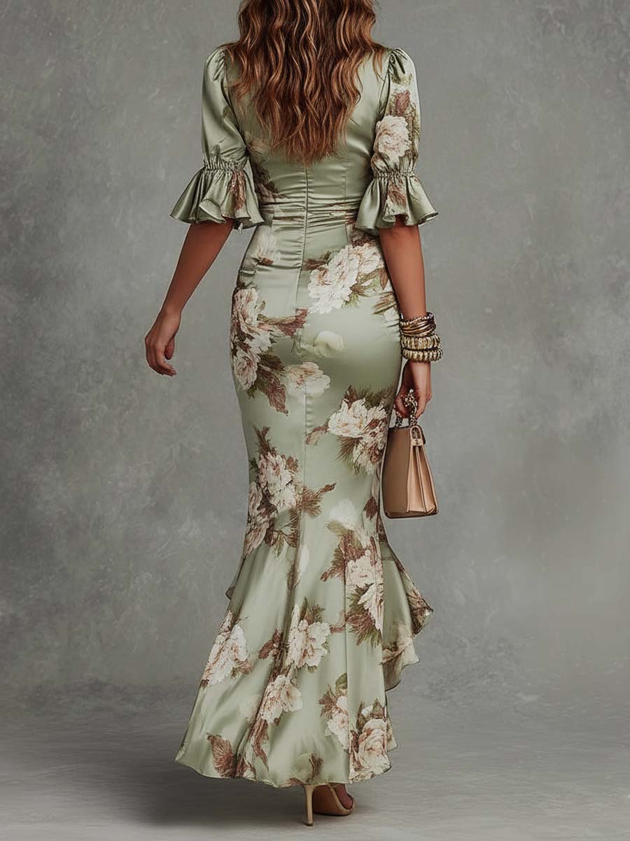 Sage | Bell Sleeve Satin Maxi