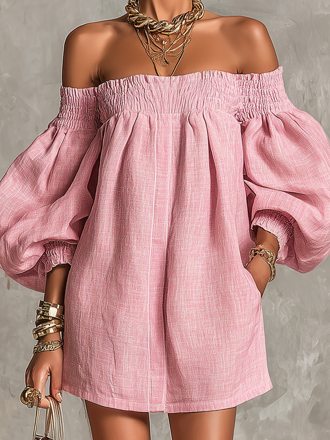 Violette | Pink Off-Shoulder Mini Dress with Lantern Sleeves