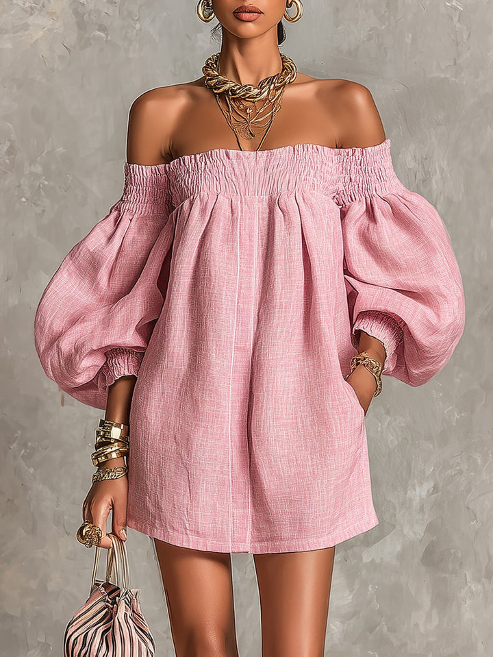Violette | Pink Off-Shoulder Mini Dress with Lantern Sleeves