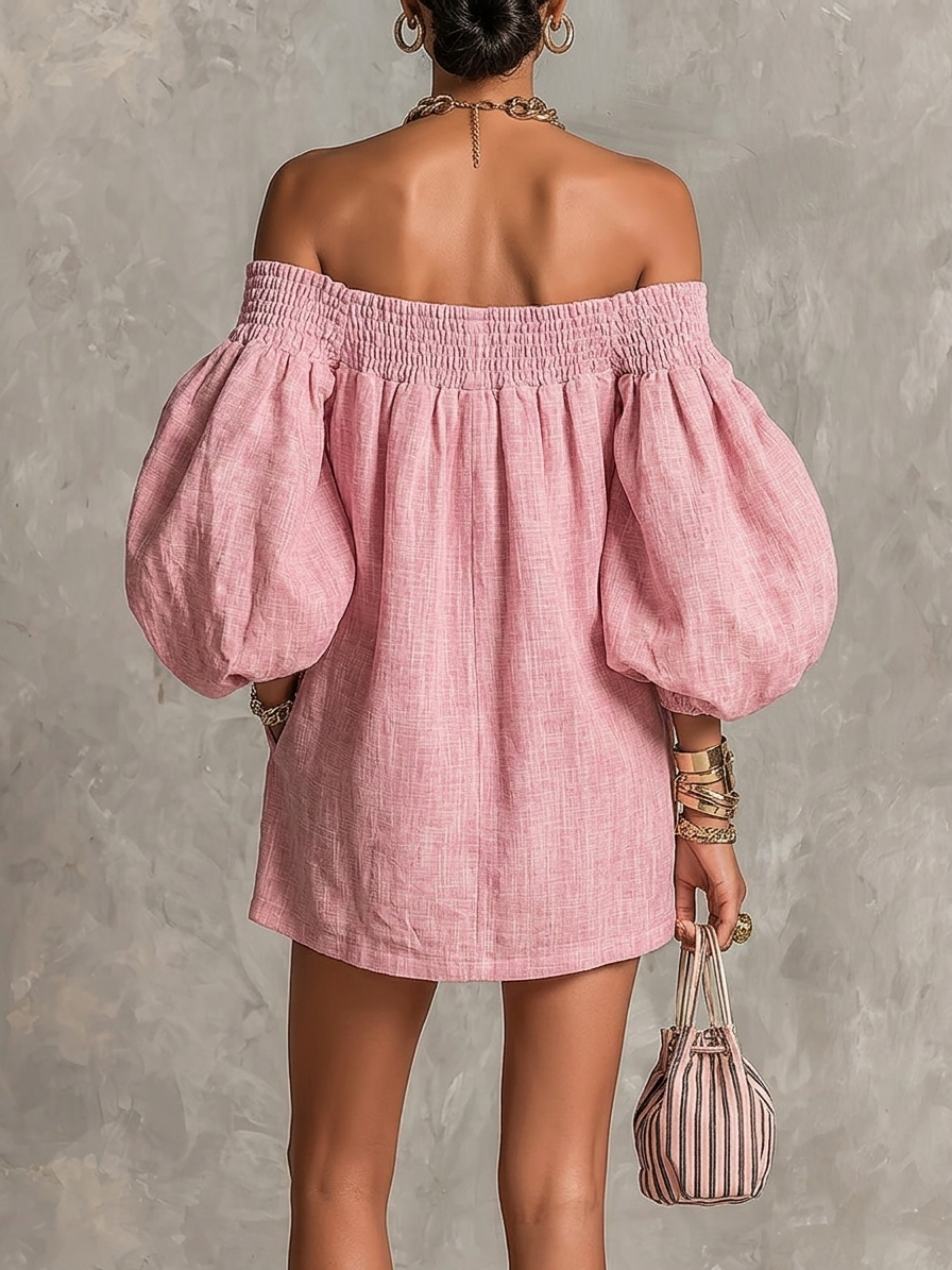 Violette | Pink Off-Shoulder Mini Dress with Lantern Sleeves