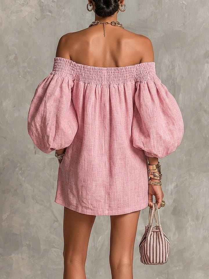 Violette | Pink Off-Shoulder Mini Dress with Lantern Sleeves