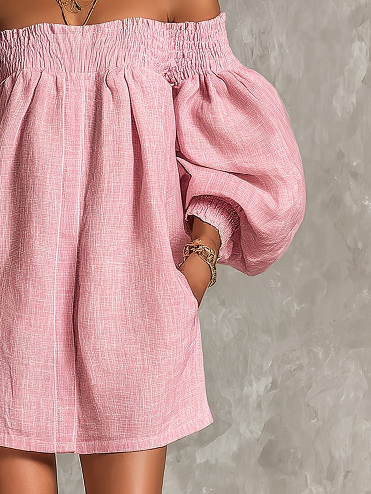 Violette | Pink Off-Shoulder Mini Dress with Lantern Sleeves