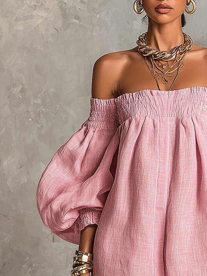 Violette | Pink Off-Shoulder Mini Dress with Lantern Sleeves
