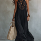 Bohemian Black Sleeveless Lace-Trimmed Maxi Dress