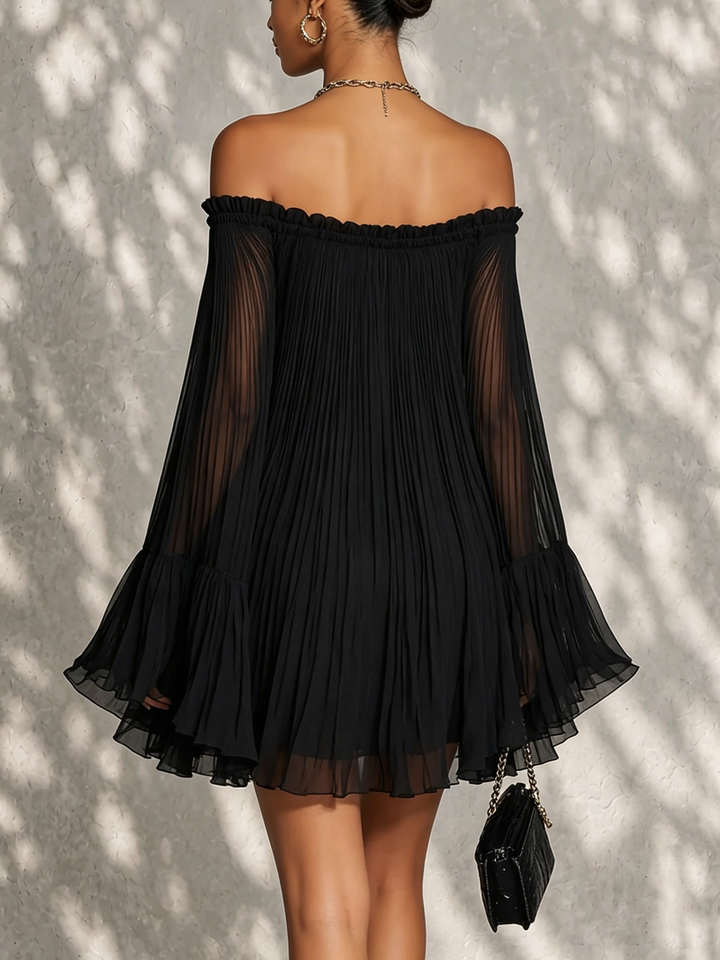 Océane | Black Off-Shoulder Mini Dress with Bell Sleeves