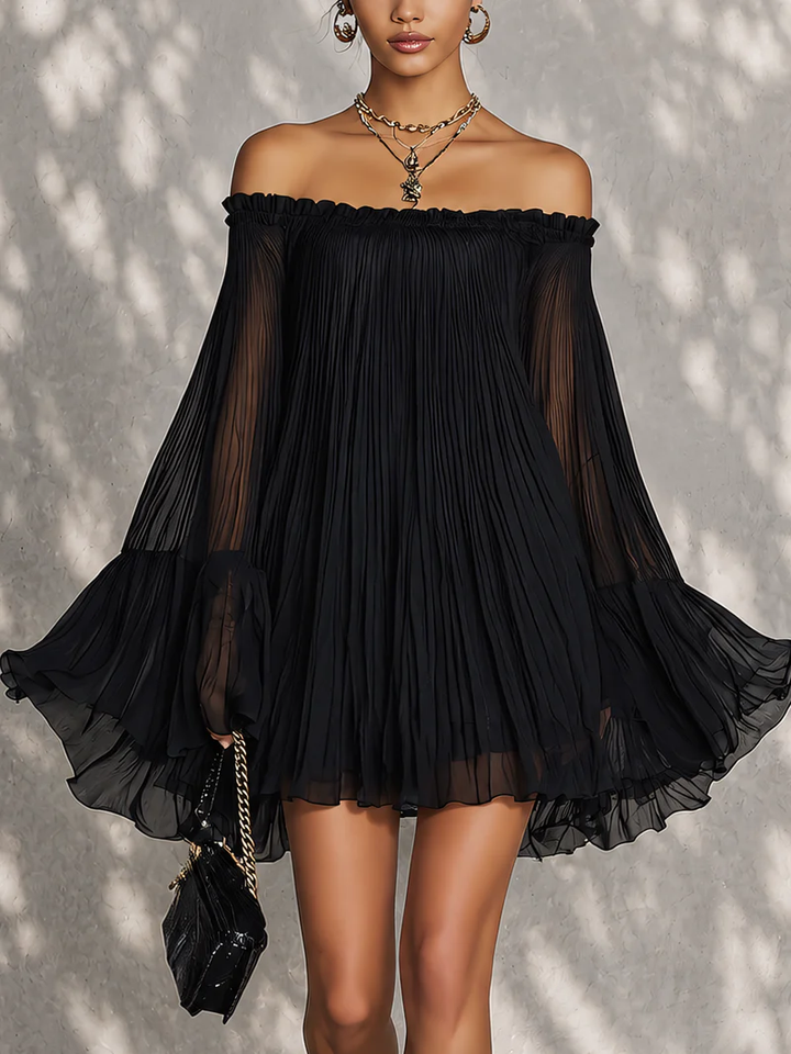 Océane | Black Off-Shoulder Mini Dress with Bell Sleeves