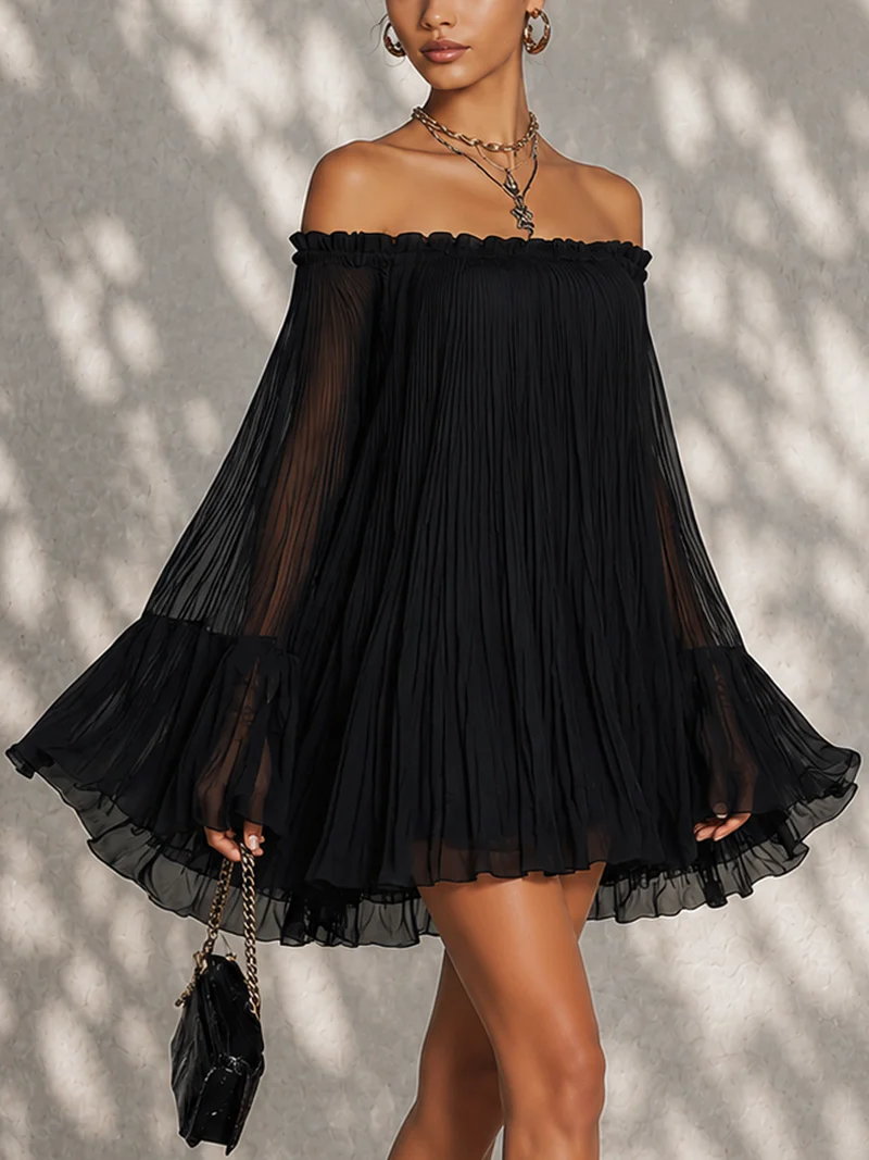 Océane | Black Off-Shoulder Mini Dress with Bell Sleeves