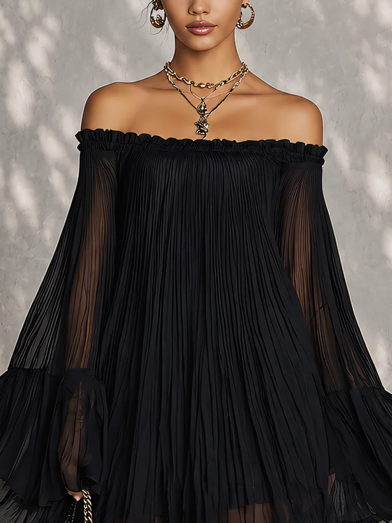 Océane | Black Off-Shoulder Mini Dress with Bell Sleeves