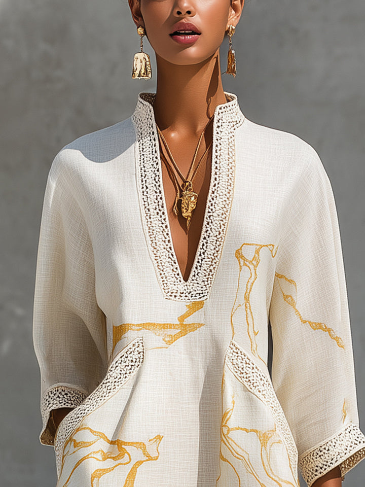 Aliénor | Ivory V-Neck Mini Dress with Gold Details