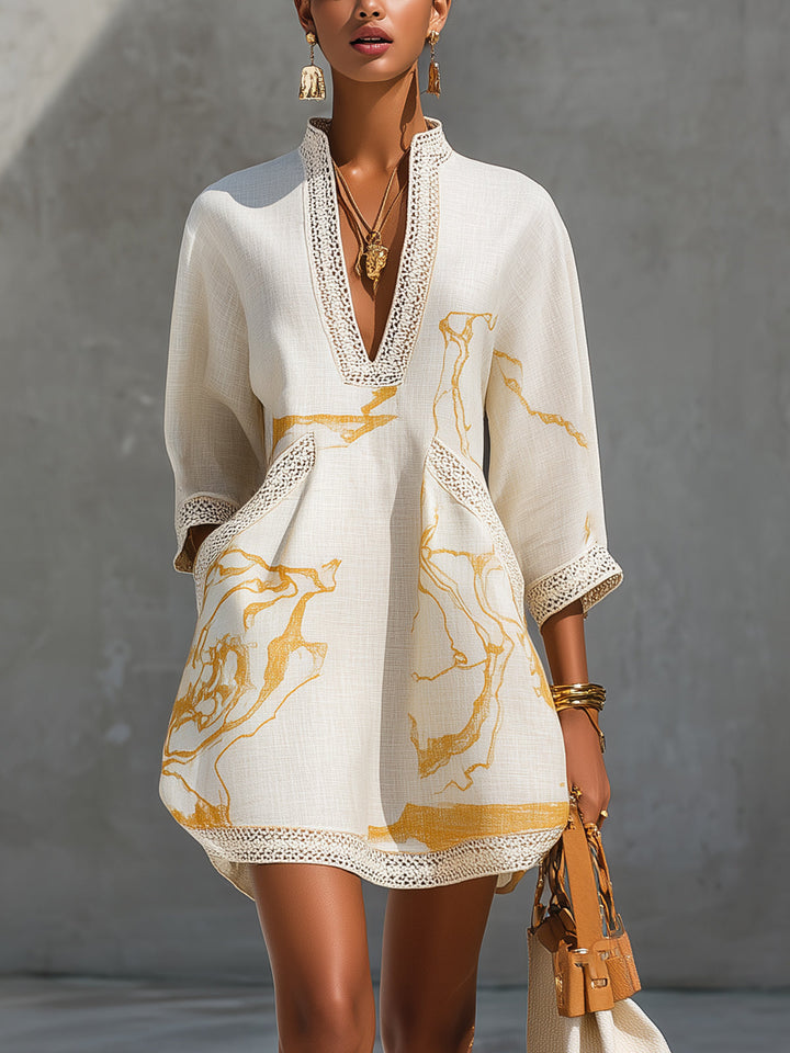 Aliénor | Ivory V-Neck Mini Dress with Gold Details