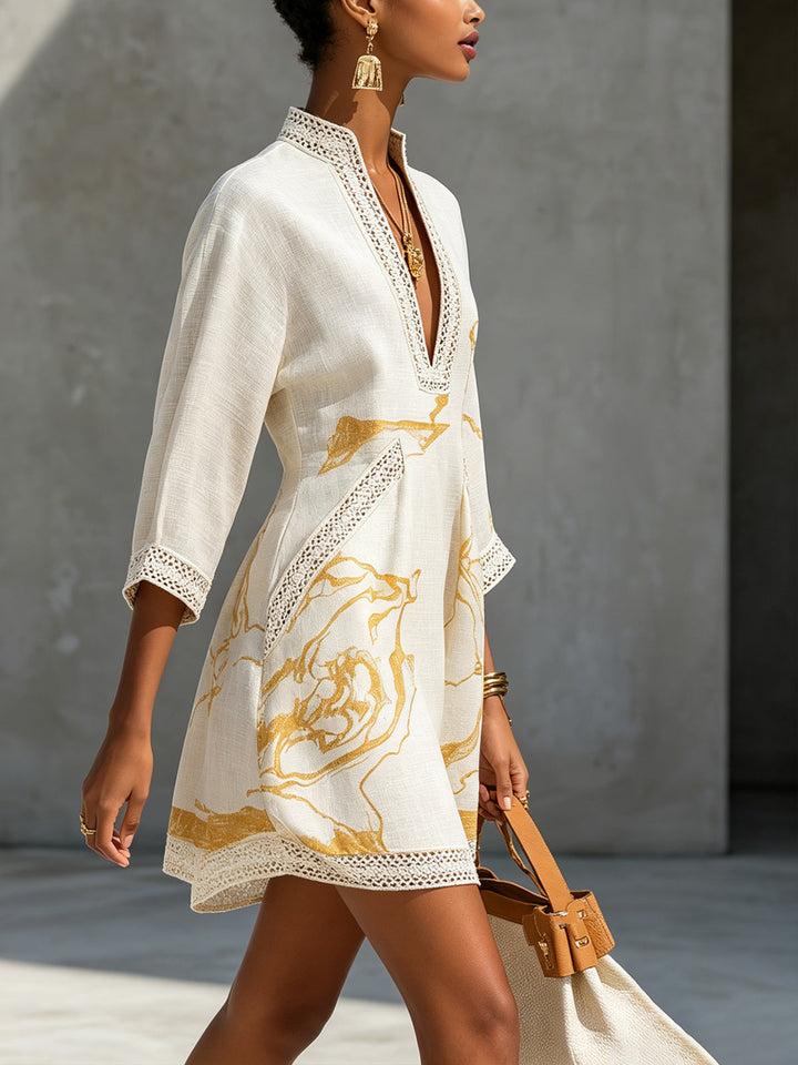 Aliénor | Ivory V-Neck Mini Dress with Gold Details