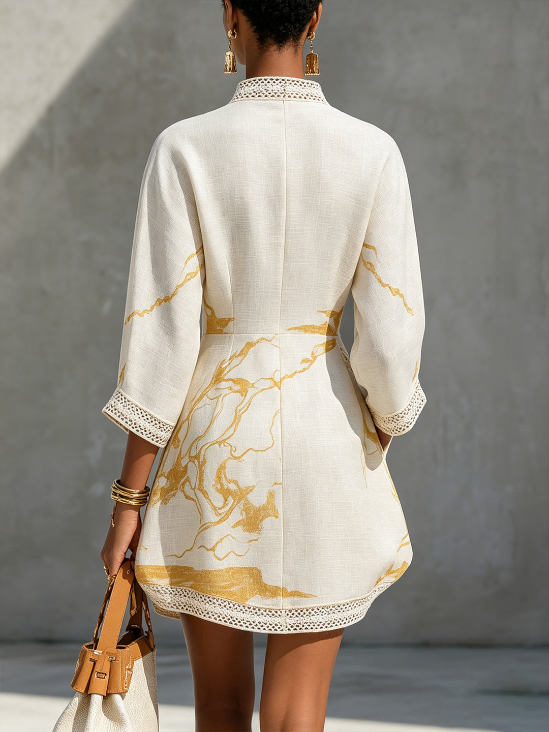 Aliénor | Ivory V-Neck Mini Dress with Gold Details