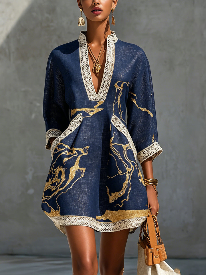 Cosette | Navy V-Neck Mini Dress with Gold Details