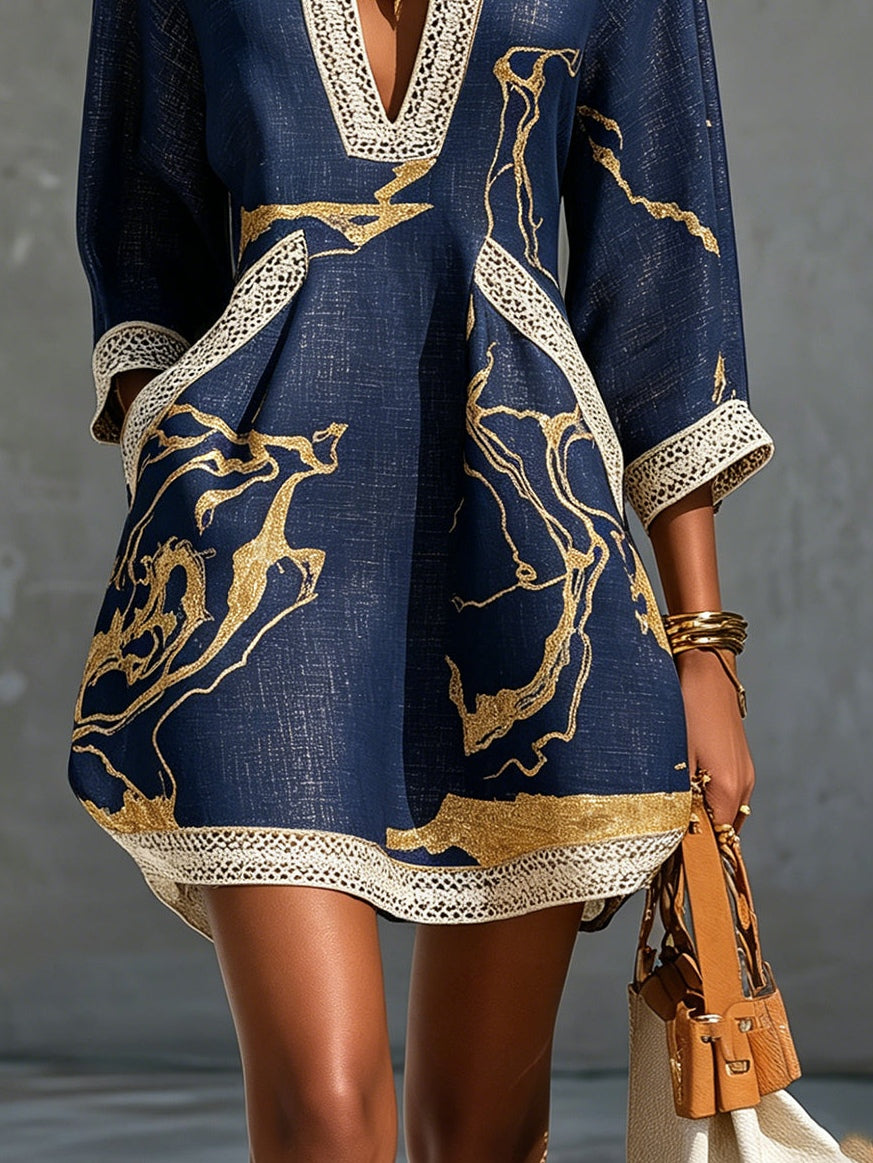 Cosette | Navy V-Neck Mini Dress with Gold Details