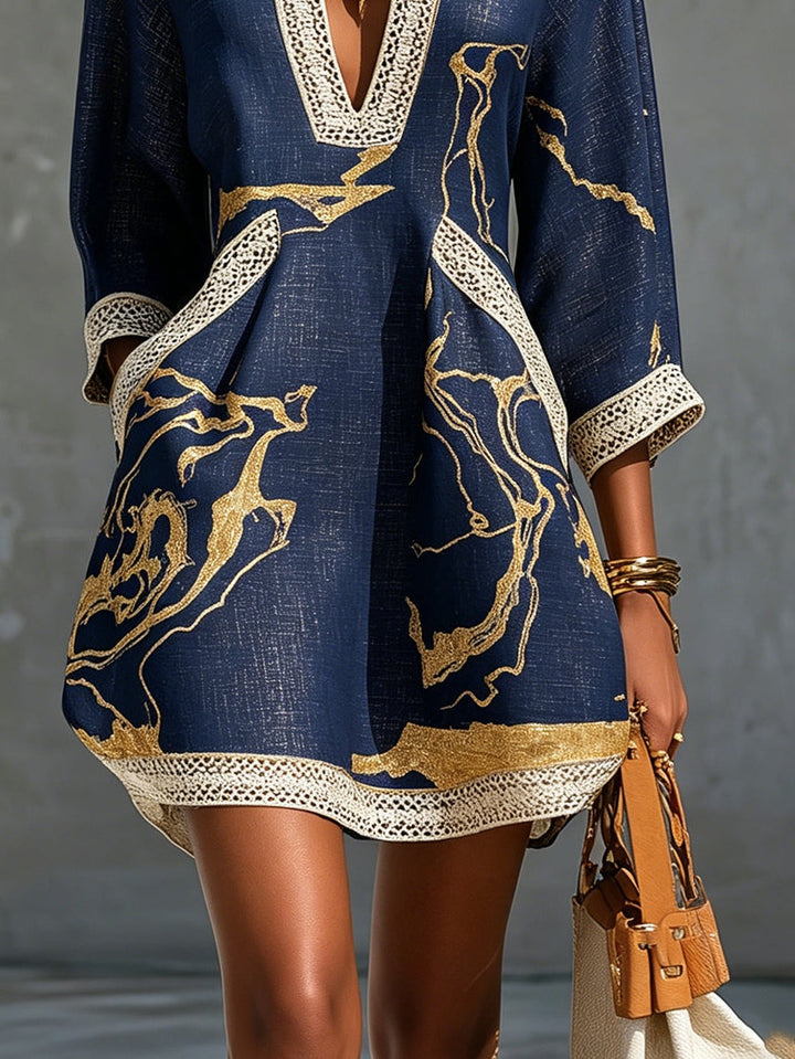 Cosette | Navy V-Neck Mini Dress with Gold Details
